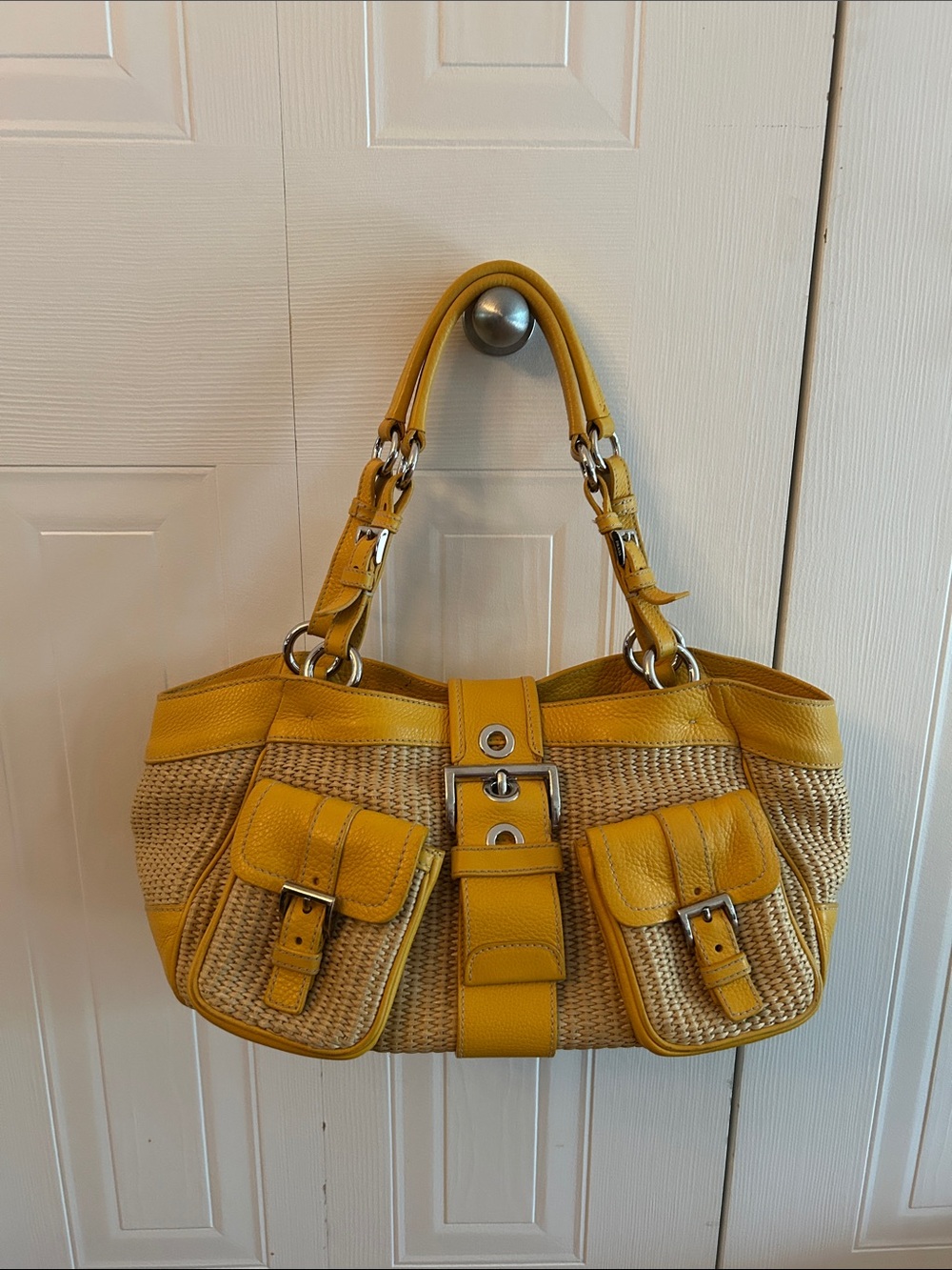 Prada Yellow Woven Leather-Trim Shoulder Bag with Dual Front Pockets
